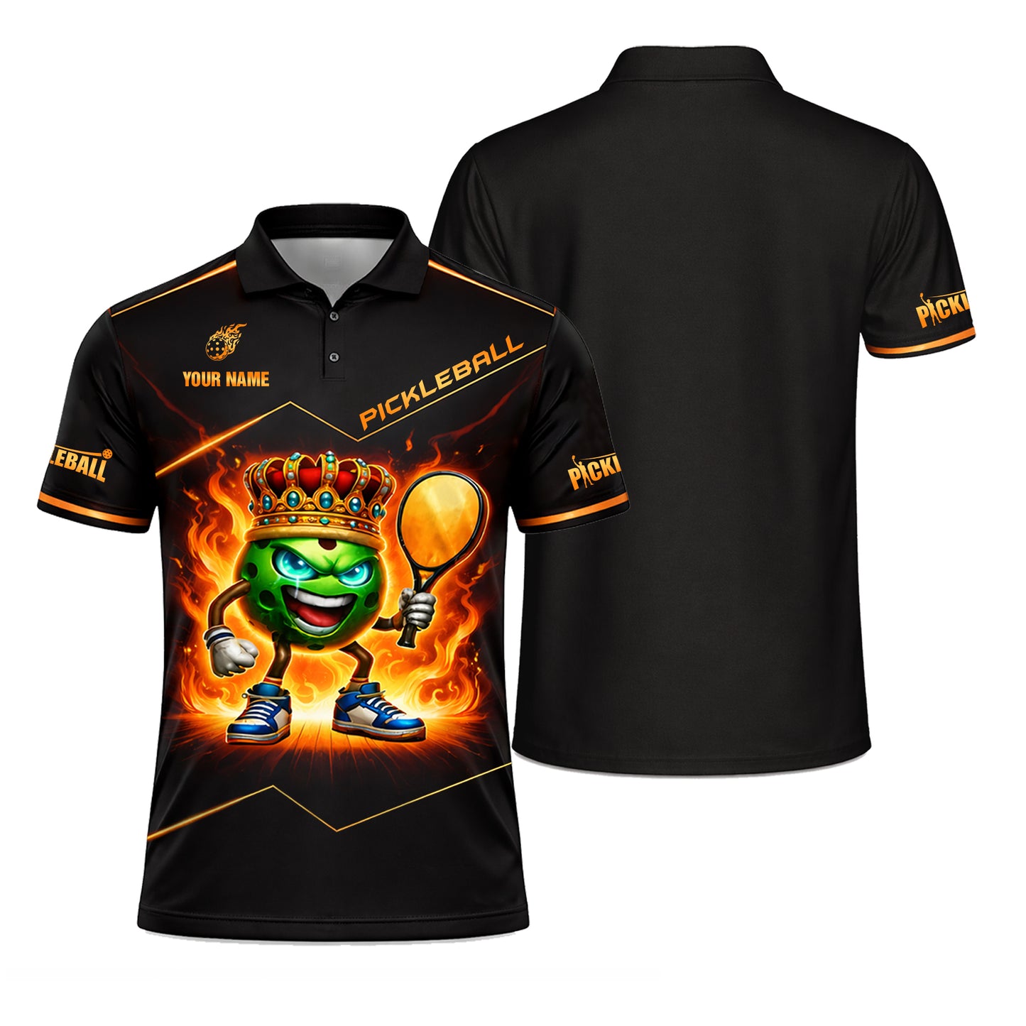 Pickleball Polo Shirt King Ball Fire Graphic Custom Name Breathable Performance Polo