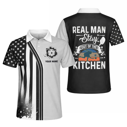 USA Flag Pickleball Polo Shirt Custom Name Funny Real Man Stay Out Of The Kitchen Graphic Performance Unisex Shirt