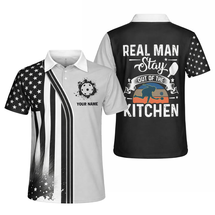 USA Flag Pickleball Polo Shirt Custom Name Funny Real Man Stay Out Of The Kitchen Graphic Performance Unisex Shirt