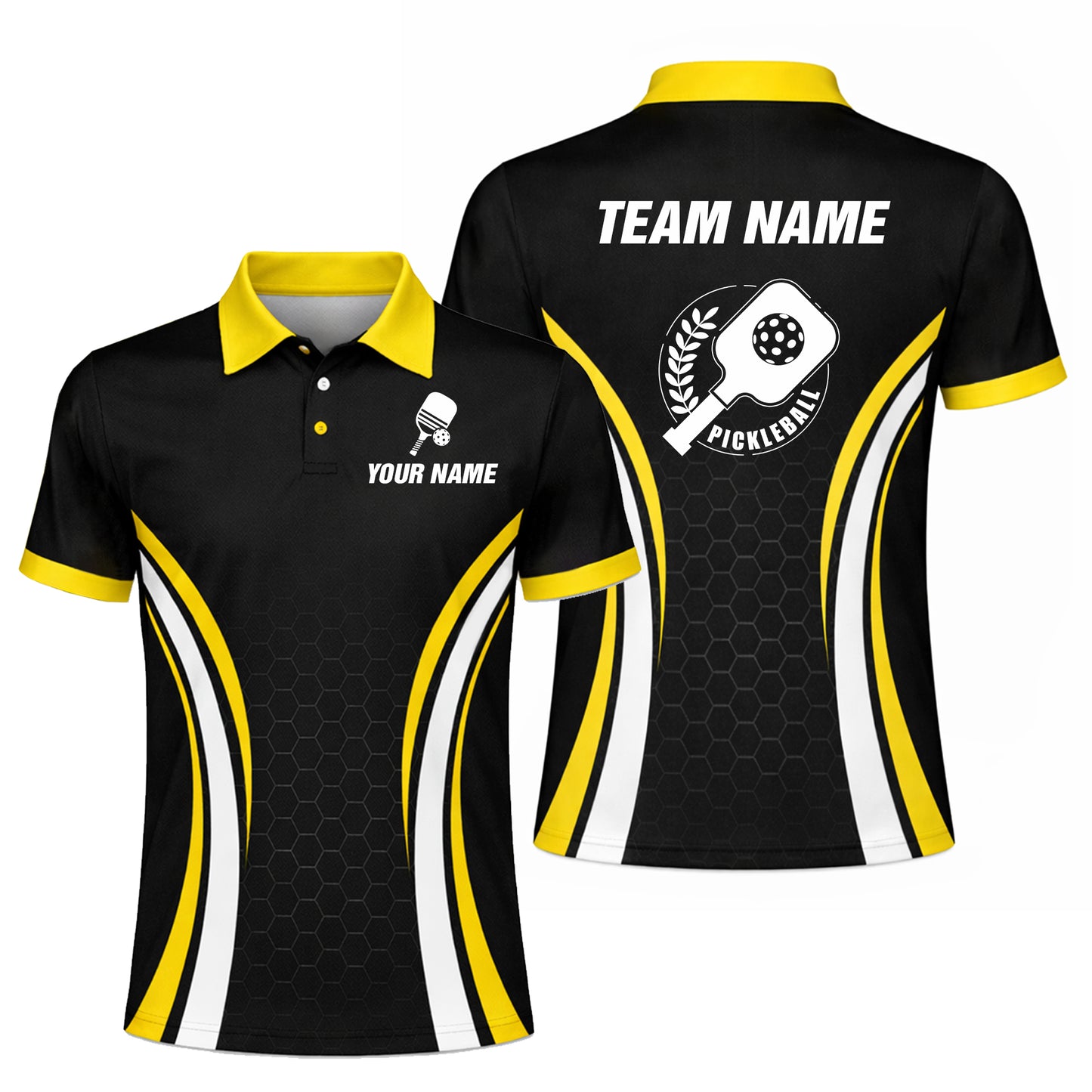 Custom Pickleball Polo Shirt Personalized Name Team Pickleball Jersey Black Yellow Performance Polo