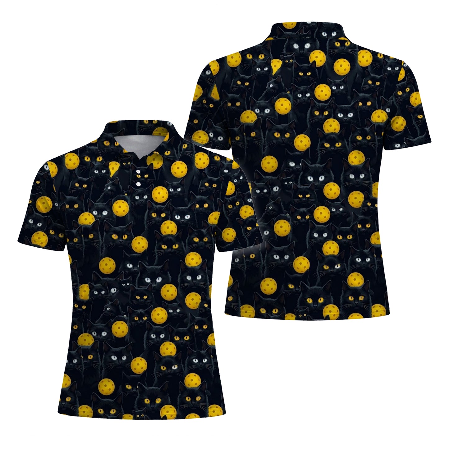 Black Cat Pickleball Polo Shirt Funny Cat Lover Sports Shirt All Over Print Breathable Athletic Tee