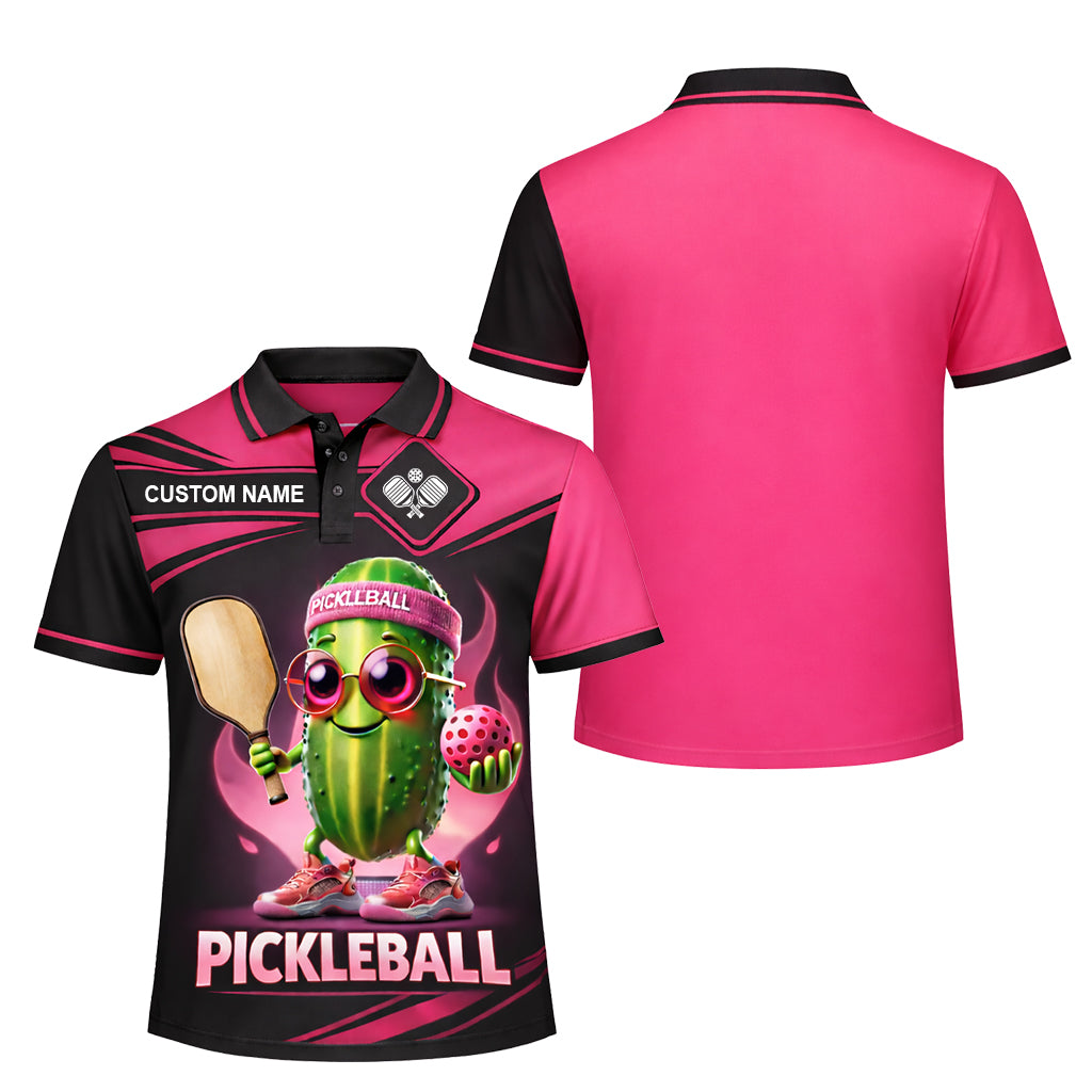 Custom Pickleball Polo Shirt Funny Pickle Character Graphic Breathable Polyester Sports Golf Tennis Casual Shirt Black