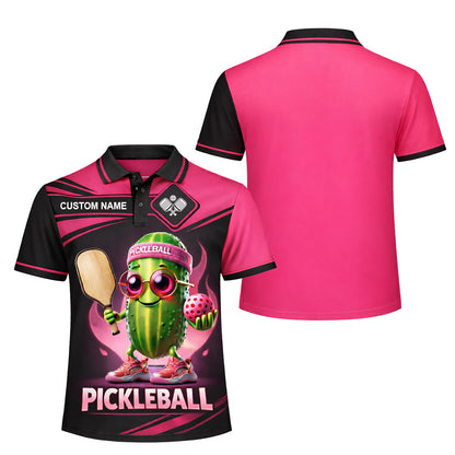 Custom Pickleball Polo Shirt Funny Pickle Character Graphic Breathable Polyester Sports Golf Tennis Casual Shirt Black