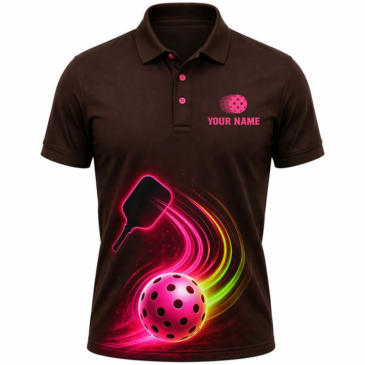 Neon Glow Pickleball Paddle Ball Mens Polo Brown Pink