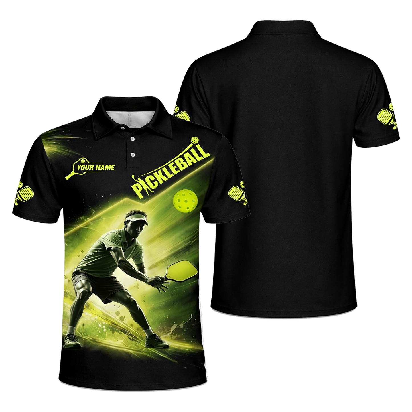 Pickleball Neon Glow Polo Shirt Custom Name Performance Sports Shirt Men Women Athletic Tee