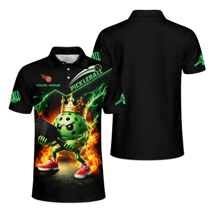 Pickleball Polo Shirt Crown King Pickleball Ball Fire Lightning Custom Name Performance Shirt