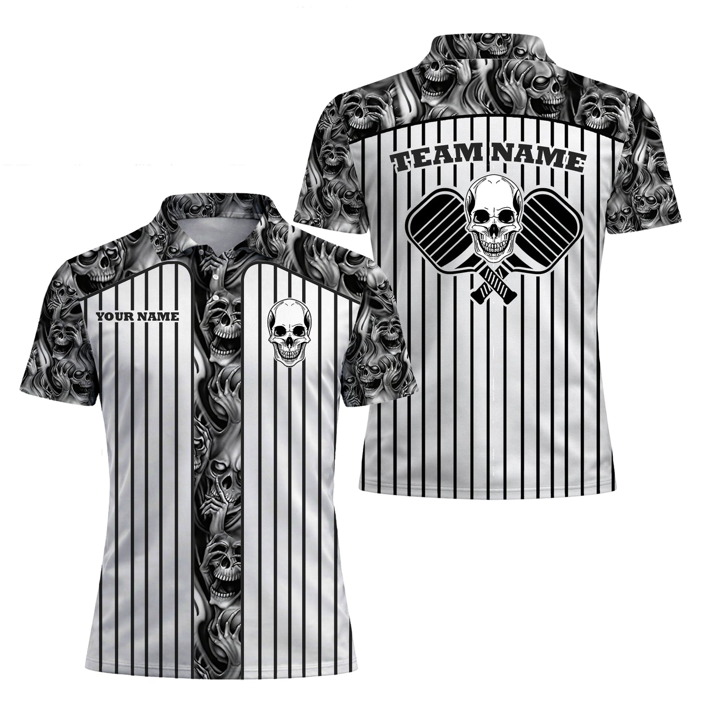 Skull Pickleball Polo Shirt Black White Personalized Name Team Shirt Performance Sports Polo Unisex
