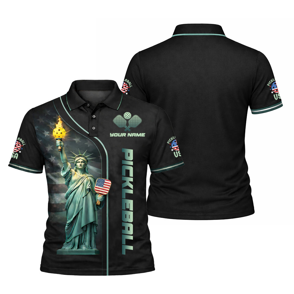 Patriotic Pickleball Polo Shirt Custom Name USA Statue Graphic Performance Team