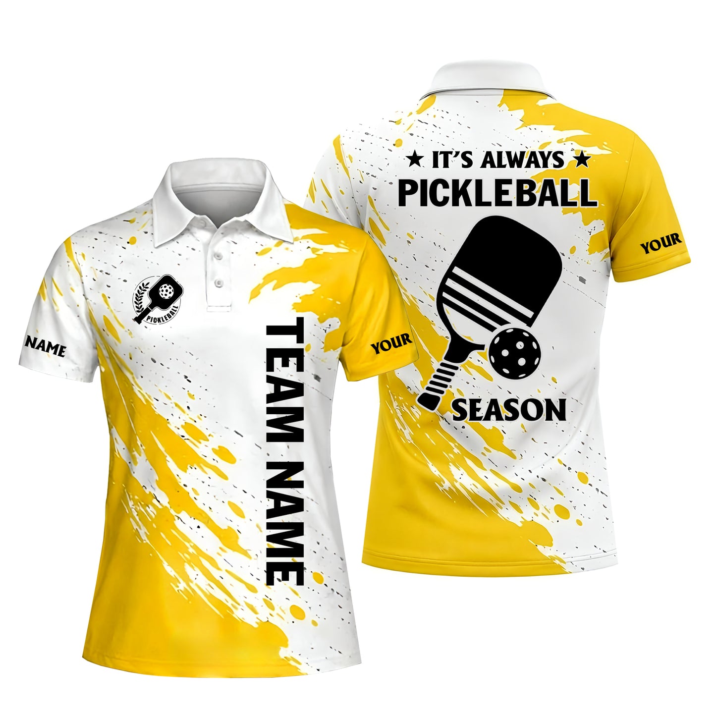 Custom Pickleball Polo Shirt Personalized Team Name Player Name Yellow White Performance Shirt Unisex