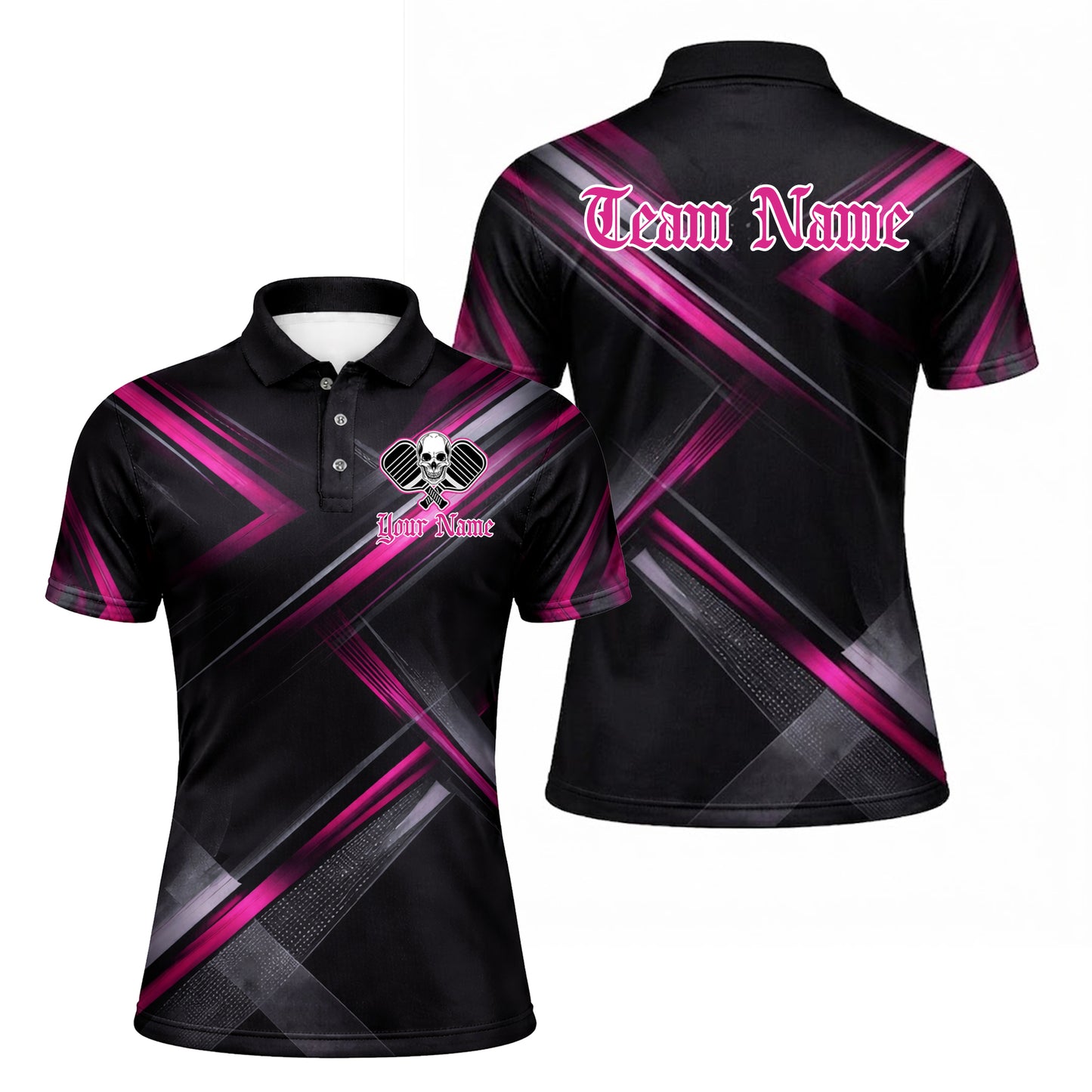 Custom Team Pickleball Polo Shirt Personalized Name Skull Paddle Sport Shirt Black Pink Performance Polo