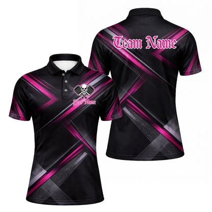 Custom Team Pickleball Polo Shirt Personalized Name Skull Paddle Sport Shirt Black Pink Performance Polo