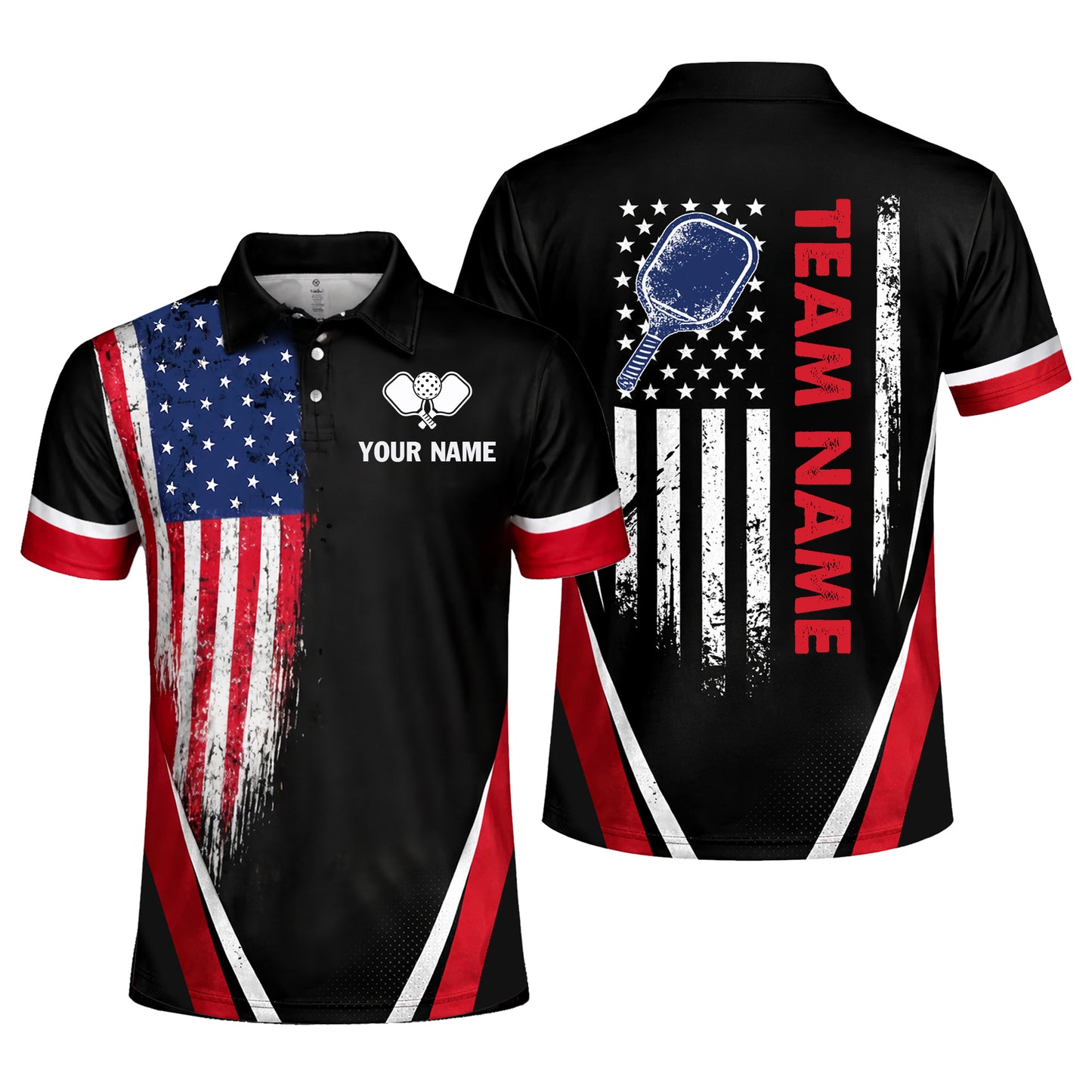 Custom Pickleball Polo Shirt USA Flag Personalized Name Black Red Performance Pickleball Shirt Men Women