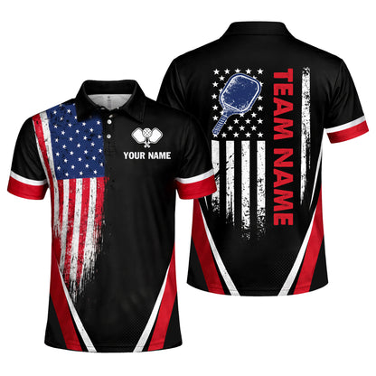 Custom Pickleball Polo Shirt USA Flag Personalized Name Black Red Performance Pickleball Shirt Men Women
