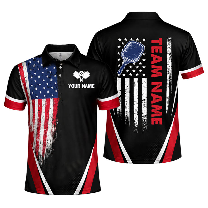 Custom Pickleball Polo Shirt USA Flag Personalized Name Black Red Performance Pickleball Shirt Men Women