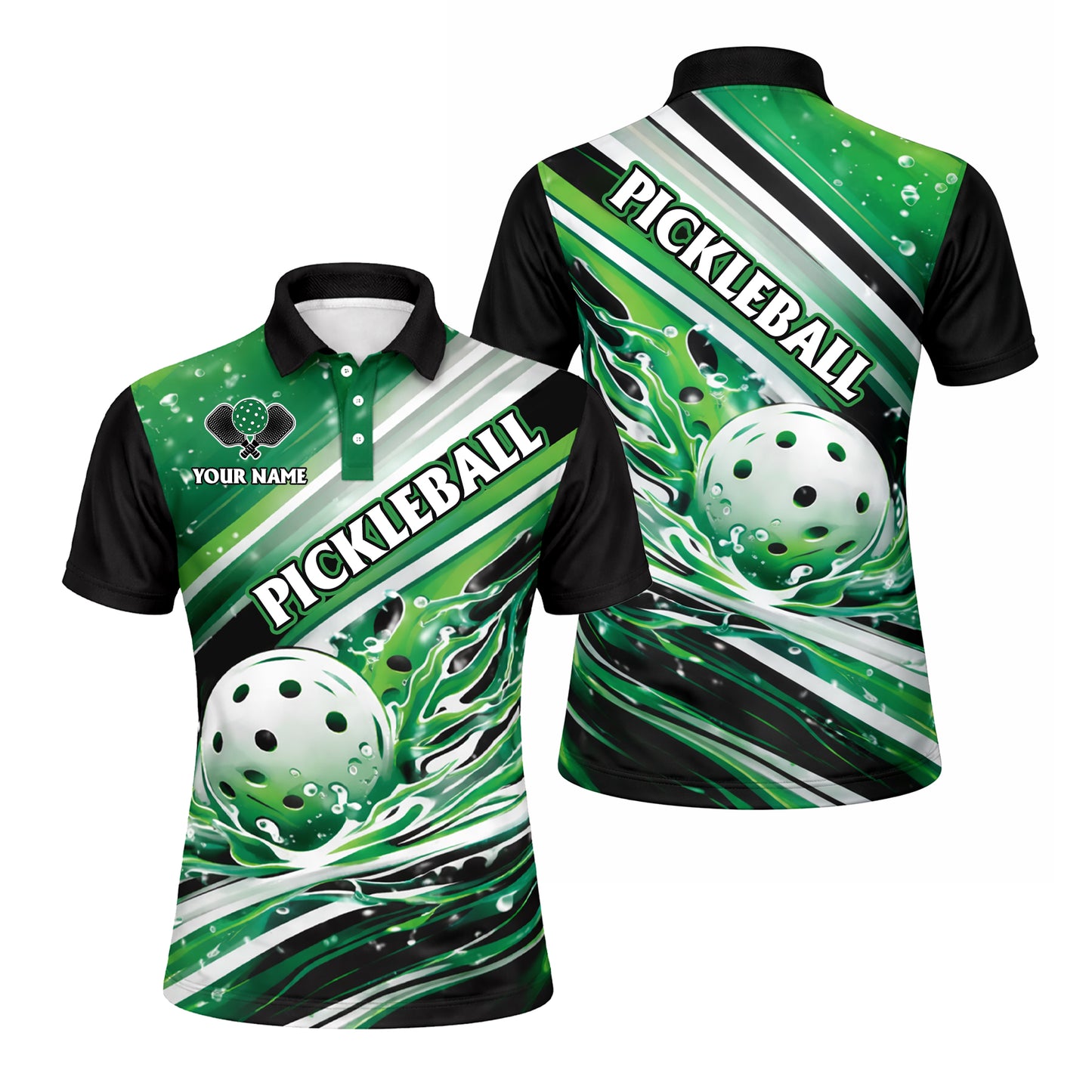 Custom Pickleball Polo Shirt Personalized Name Green Splash Design Performance Sports Shirt