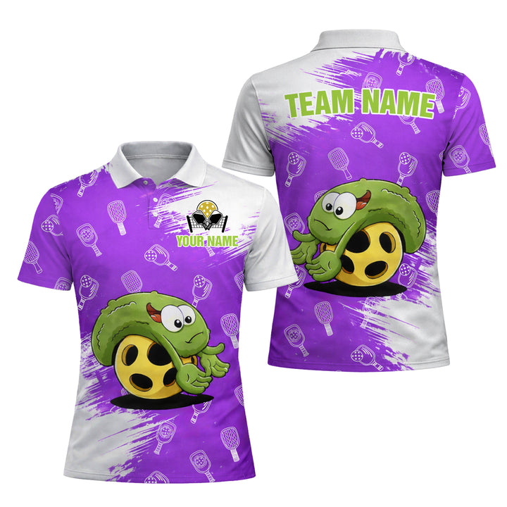 Custom Team Name Pickleball Polo Shirt for Men, Funny Turtle Purple Pickleball Paddle Pattern Personalized Jersey, Short Sleeve Athletic Sports Polo for Players and Teams