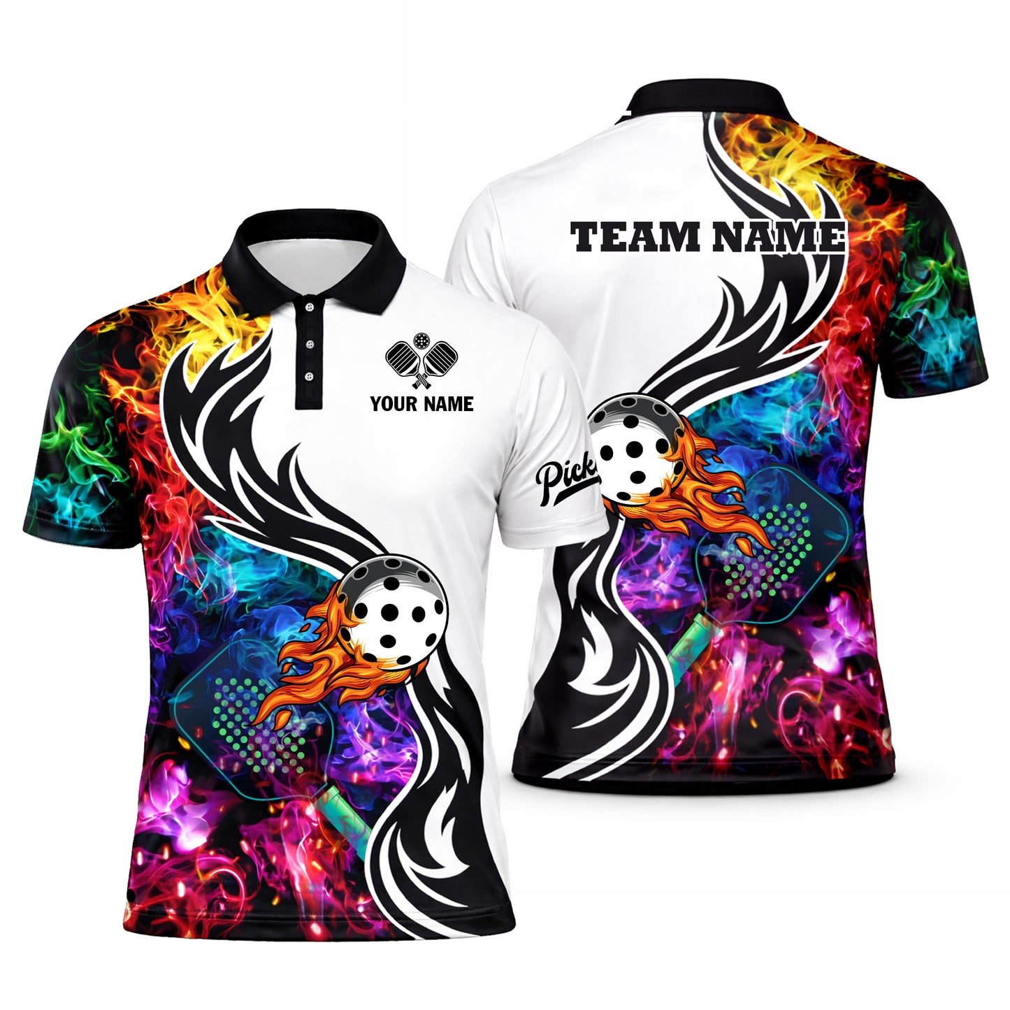 Custom Pickleball Polo Shirt Flame Ball Graphic Personalized Name Team Sports Shirt Breathable Performance