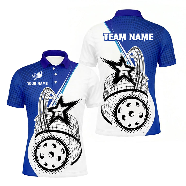 Men's Personalized Pickleball Polo Shirt, Custom Name & Team Halftone Star Ball Print, Moisture-Wicking Polyester, Blue White, Size S-5XL, 1-Pack