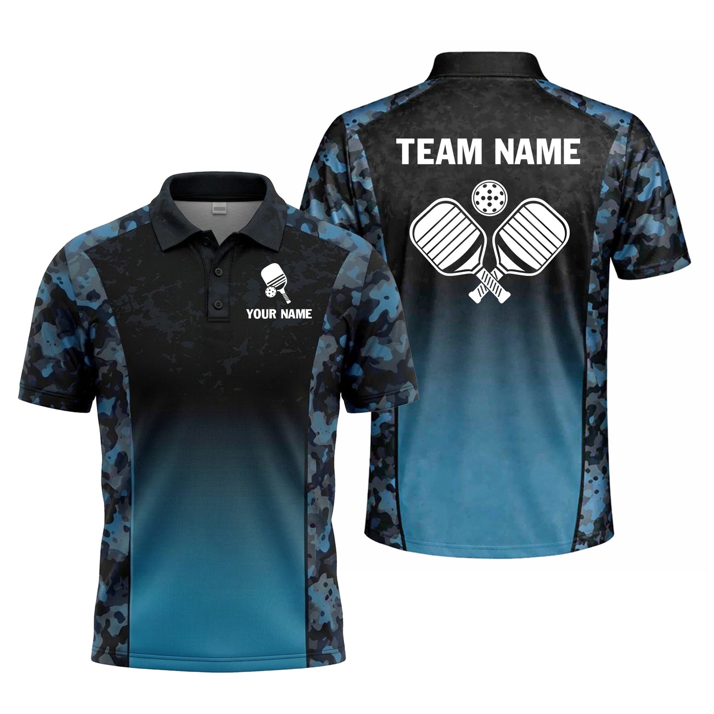 Custom Pickleball Polo Shirt Blue Camo Gradient Personalized Team Shirt Performance Polo