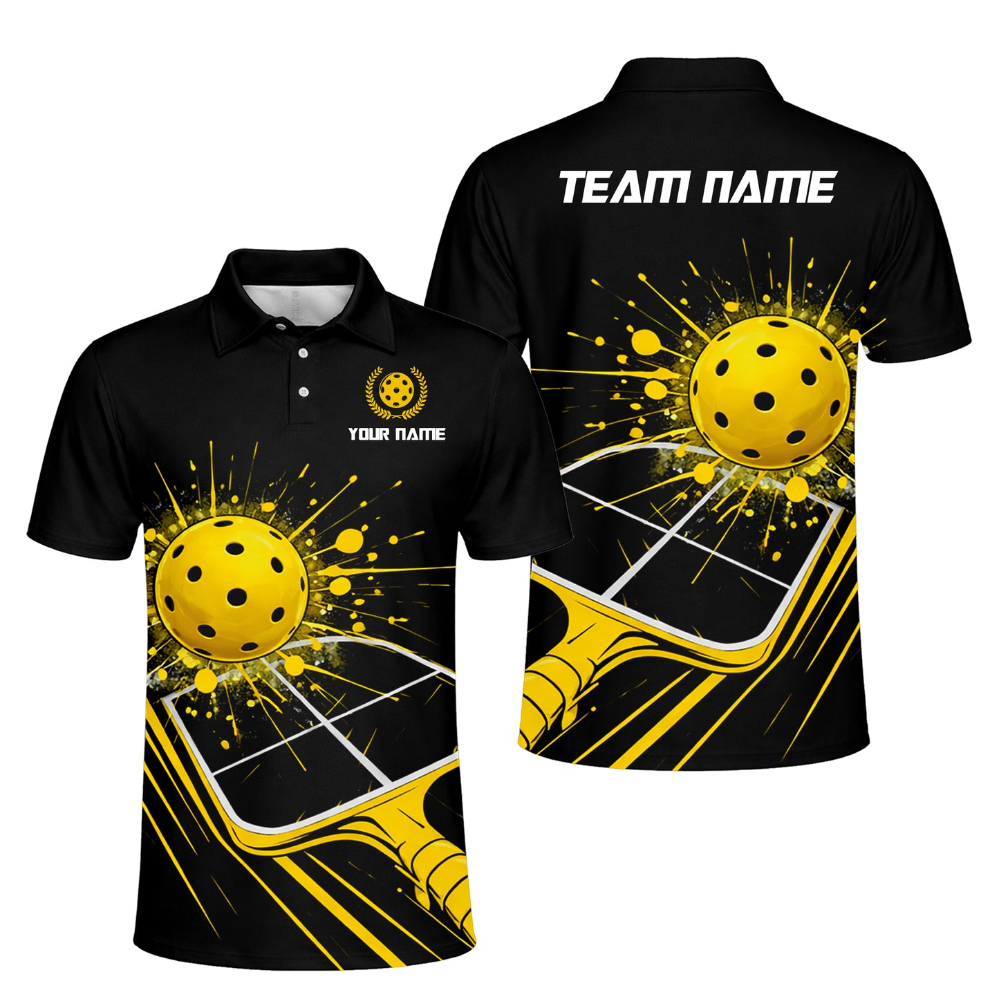 Pickleball Polo Shirt Custom Name Team Shirt Black Yellow Paddle Ball Design Breathable Sports Polo