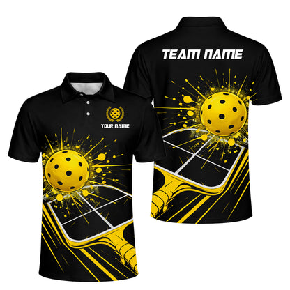 Pickleball Polo Shirt Custom Name Team Shirt Black Yellow Paddle Ball Design Breathable Sports Polo