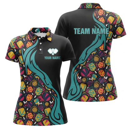 Custom Name Women's Pickleball Polo Shirt, Personalized Team Name Short Sleeve Button-Up Jersey, Colorful Paddle Pattern Athletic Tee