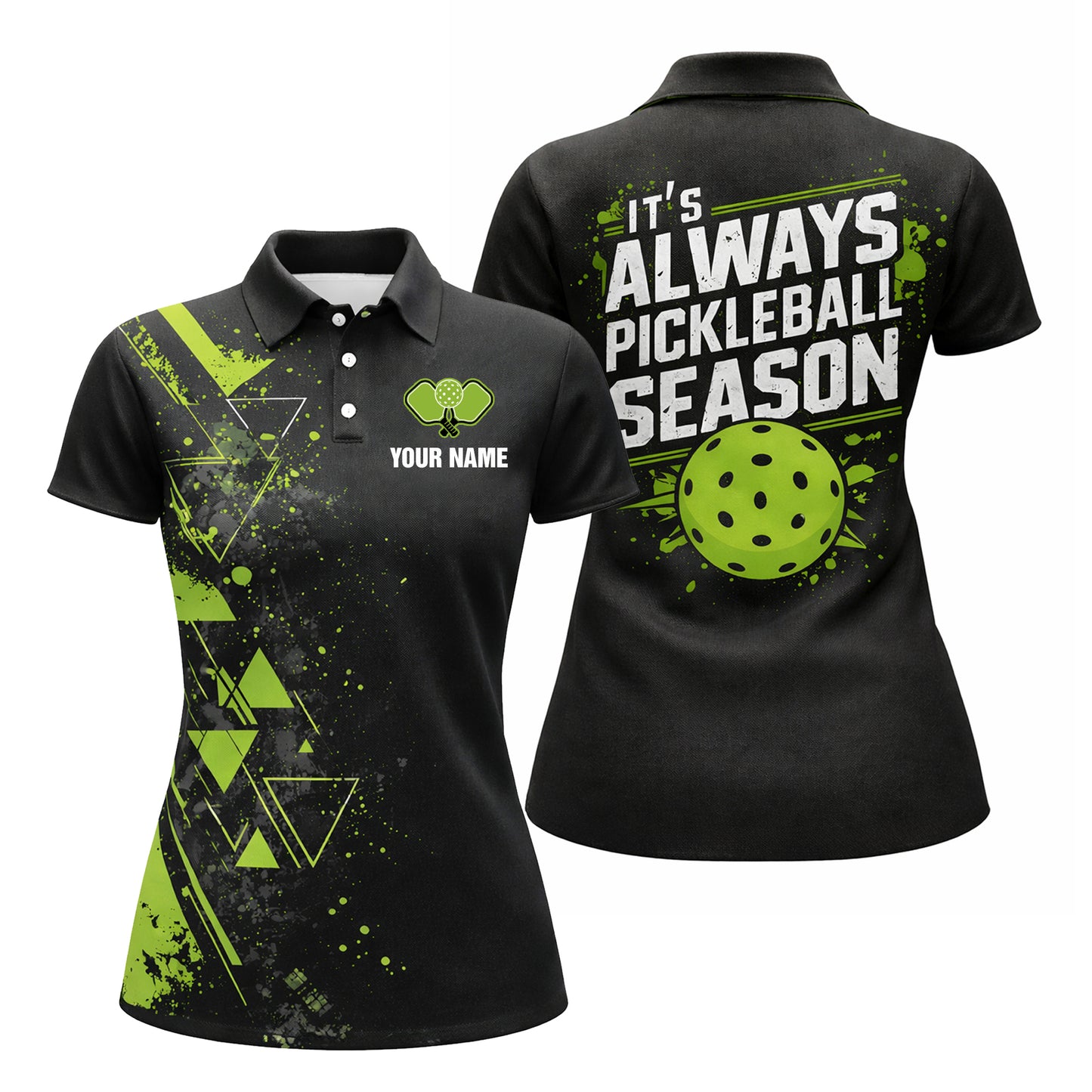 Women Pickleball Polo Shirt Custom Name It s Always Pickleball Season Black Green Sport Design