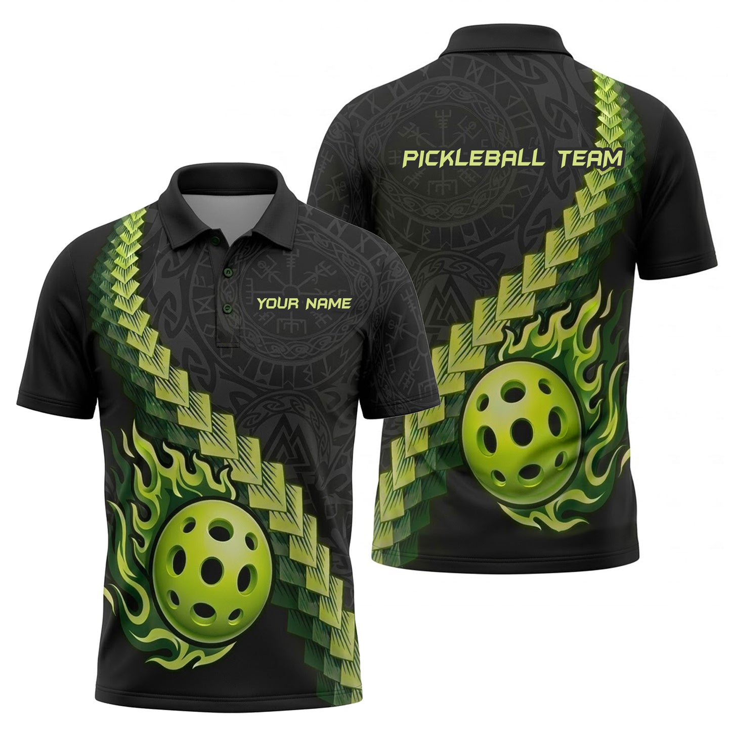 Custom Pickleball Polo Shirt Green Flame Ball Personalized Team Shirt Performance Polo