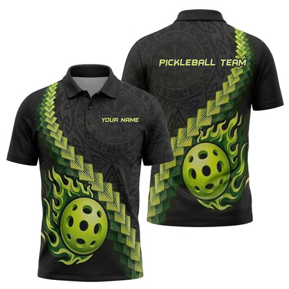 Custom Pickleball Polo Shirt Green Flame Ball Personalized Team Shirt Performance Polo
