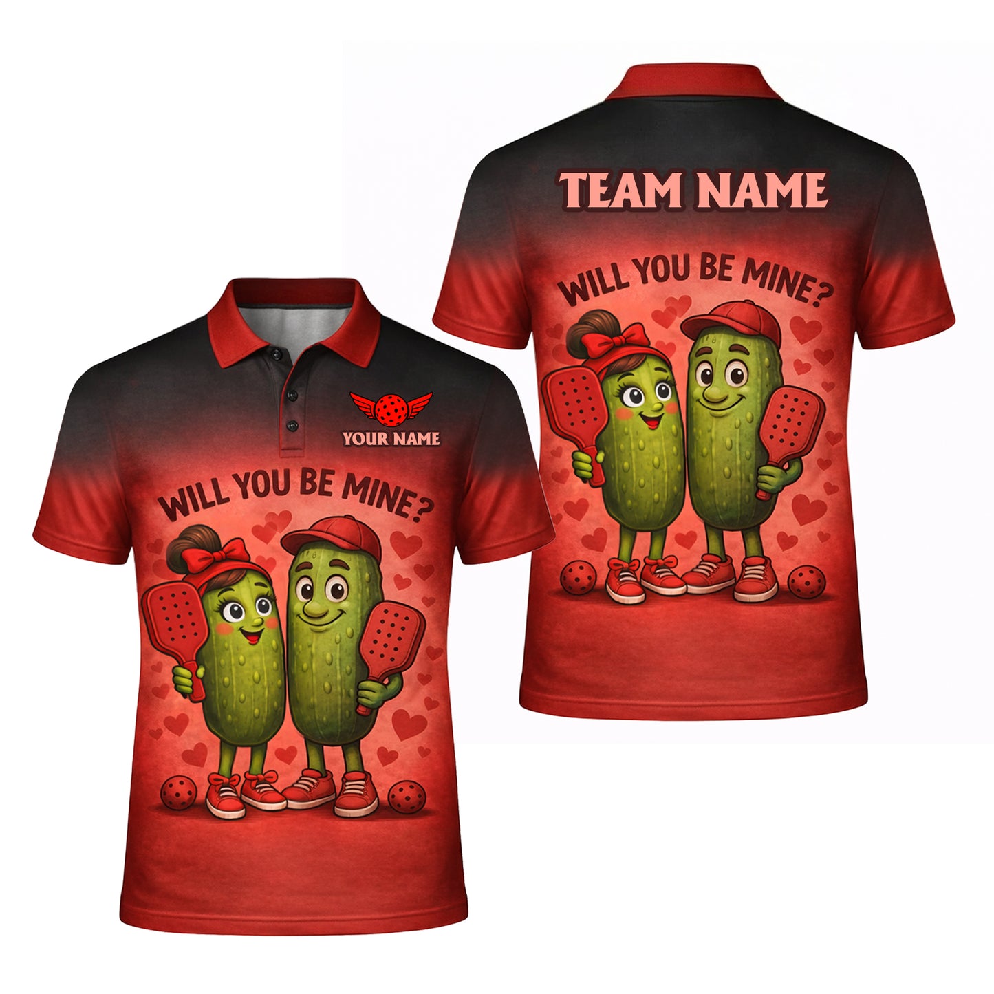 Personalized Valentine Pickleball Polo Shirt Will You Be Mine Cute Pickle Couple Custom Name Team Men's Short Sleeve Red Black Gradient Tee