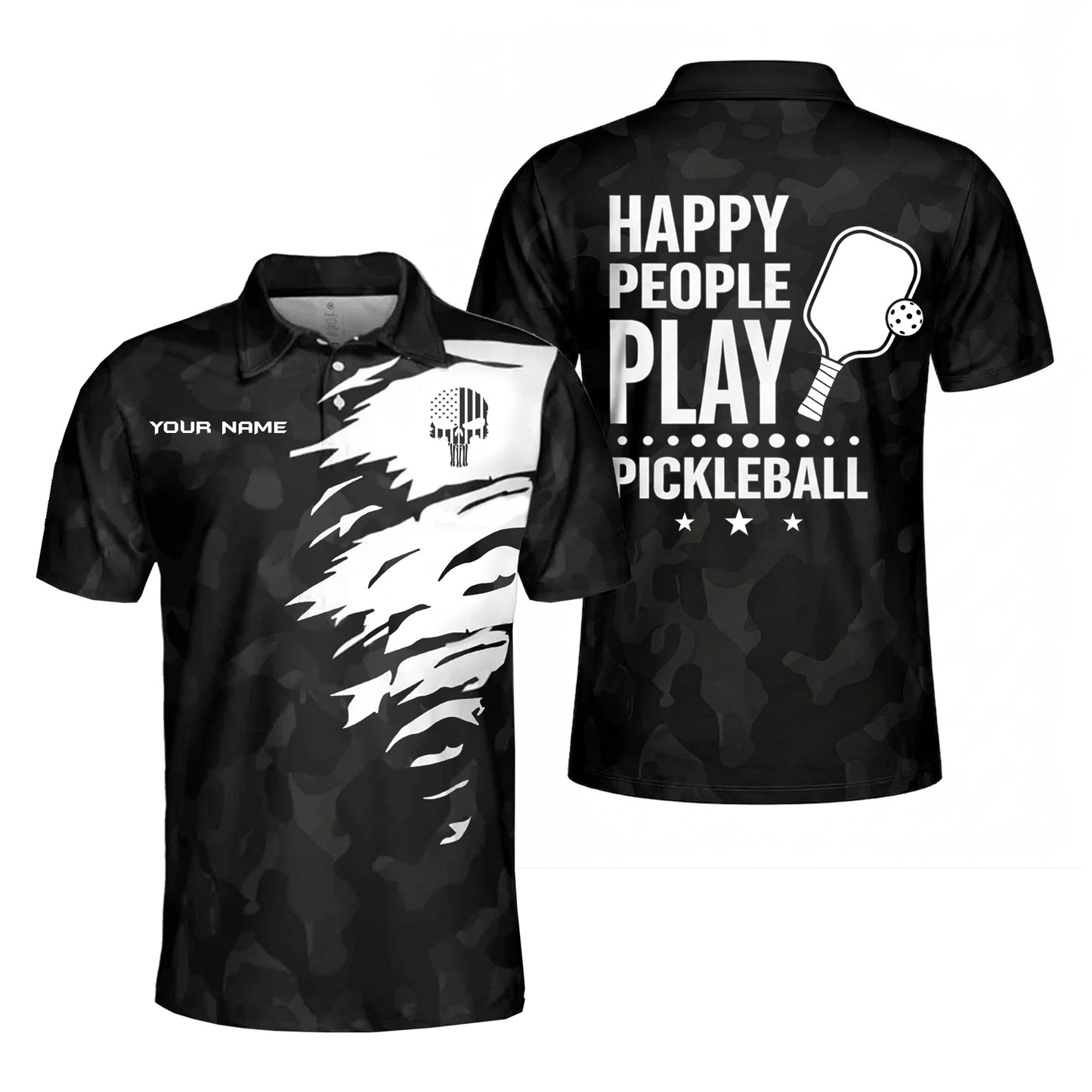 Custom Name Pickleball Polo Shirt Black Camo Happy People Play Pickleball Performance Shirt