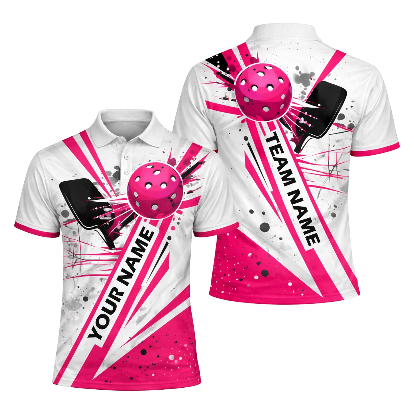 Mens Pickleball Polo Shirt Pink Splash Custom Name Team