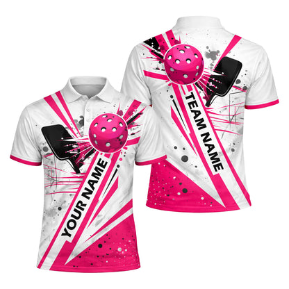 Mens Pickleball Polo Shirt Pink Splash Custom Name Team