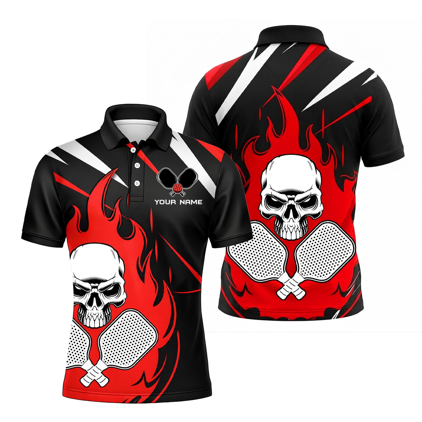 Custom Pickleball Polo Shirt Skull Flame Design Personalized Name Team Shirt Performance Sports Polo