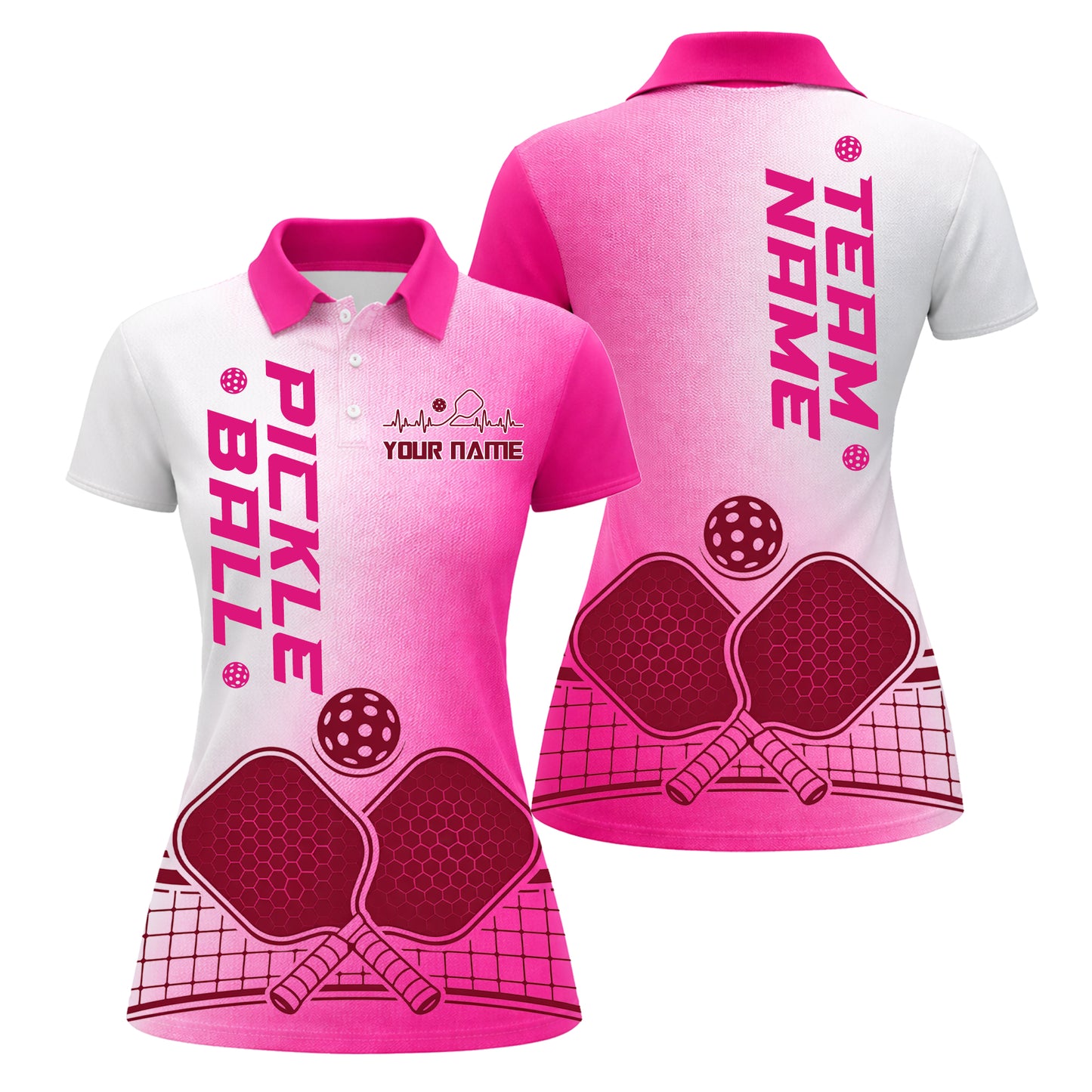 Women's Custom Name Pickleball Polo Shirt Pink Heartbeat