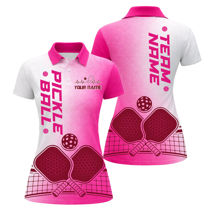 Women's Custom Name Pickleball Polo Shirt Pink Heartbeat