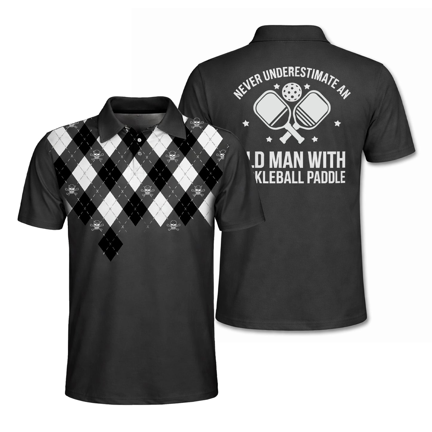 Pickleball Polo Shirt Funny Old Man Quote Argyle Pattern Performance Short Sleeve Shirt