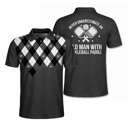 Pickleball Polo Shirt Funny Old Man Quote Argyle Pattern Performance Short Sleeve Shirt