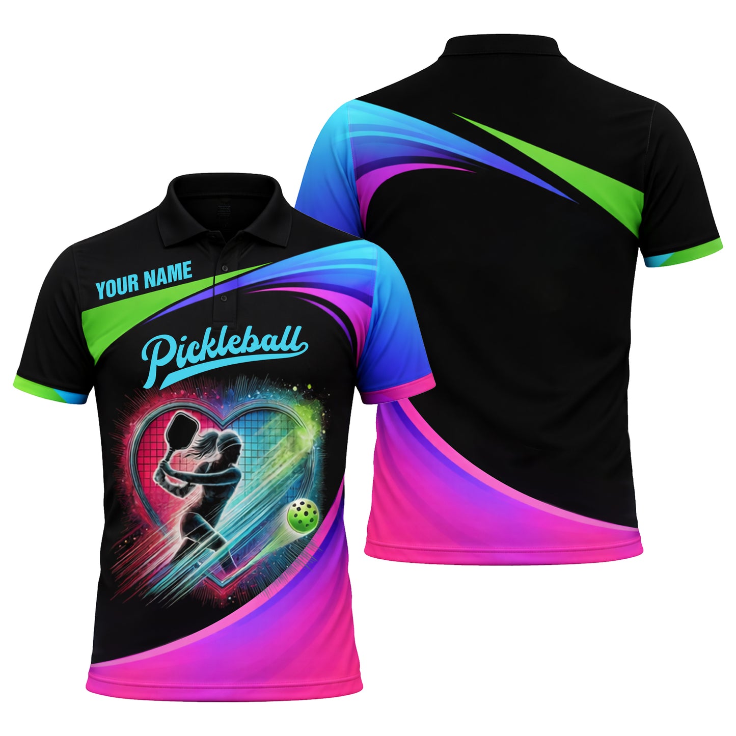 Personalized Pickleball Polo Shirt Neon Heart Player Graphic Custom Name Performance Polo for Women