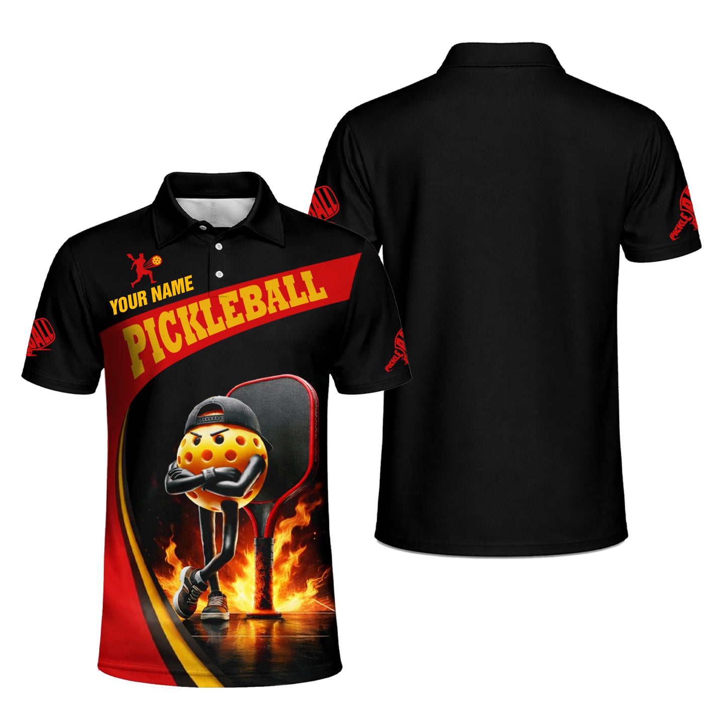 Custom Pickleball Polo Shirt Funny Fire Ball Player Graphic Personalized Name Performance Shirt