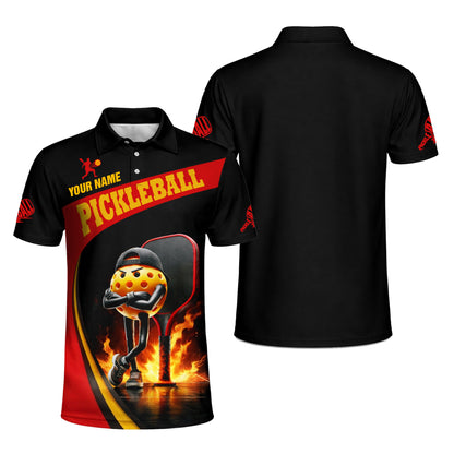 Custom Pickleball Polo Shirt Funny Fire Ball Player Graphic Personalized Name Performance Shirt
