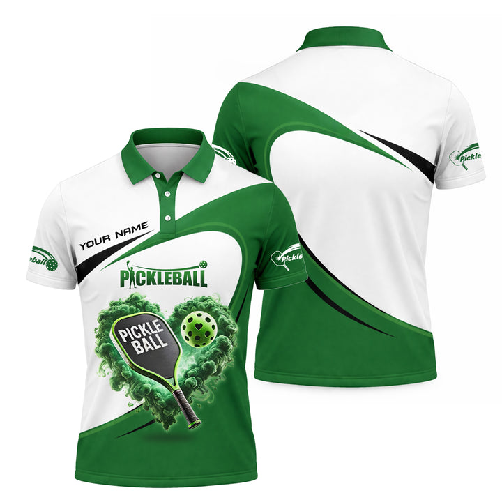 Pickleball Polo Shirt Custom Name Green White Heart Paddle Ball Sports Shirt Gift