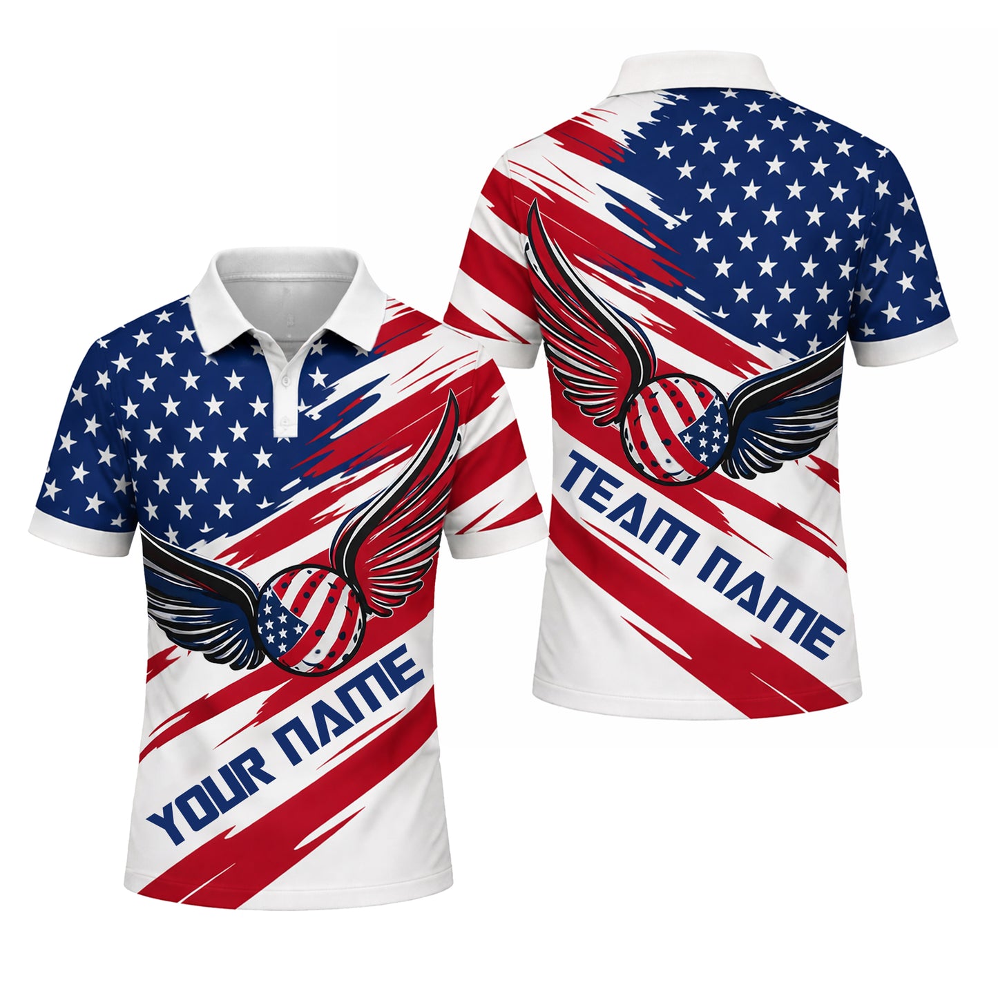 Patriotic USA Flag Polo Shirt Custom Name American Eagle Wings Pickleball Shirt
