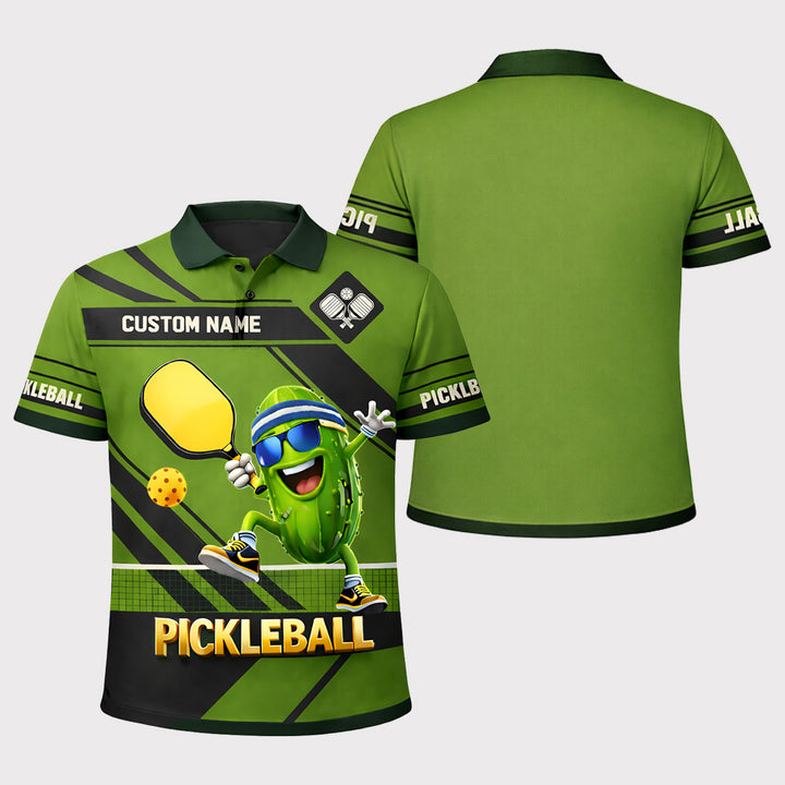 Pickleball Polo Shirt with Personalized Name, Green Short Sleeve Athletic Polo, 100% Polyester Mesh, Full-Width Print Design