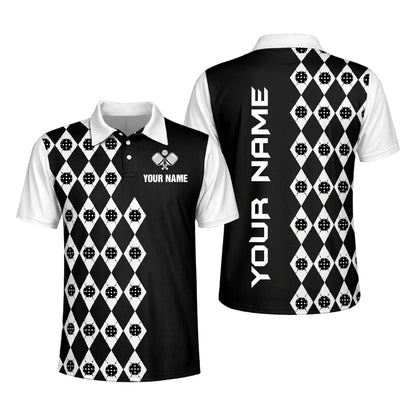 Custom Pickleball Polo Shirt Personalized Name Argyle Black White Performance Team Shirt Unisex