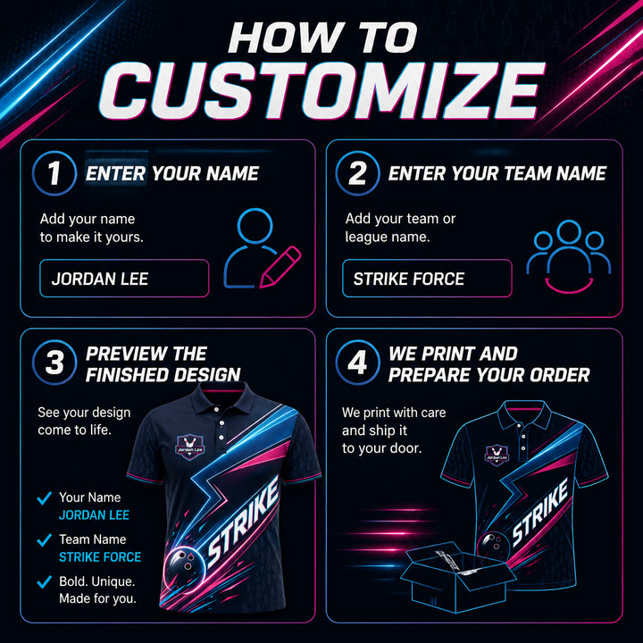 Custom Bowling STRIKE Neon AOP Polo - How to customize