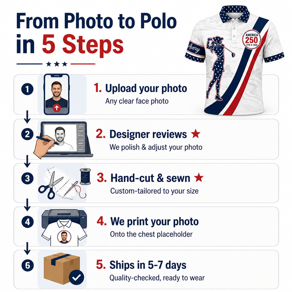 America 250 Patriotic Golf Polo – Personalized Name - How it is made