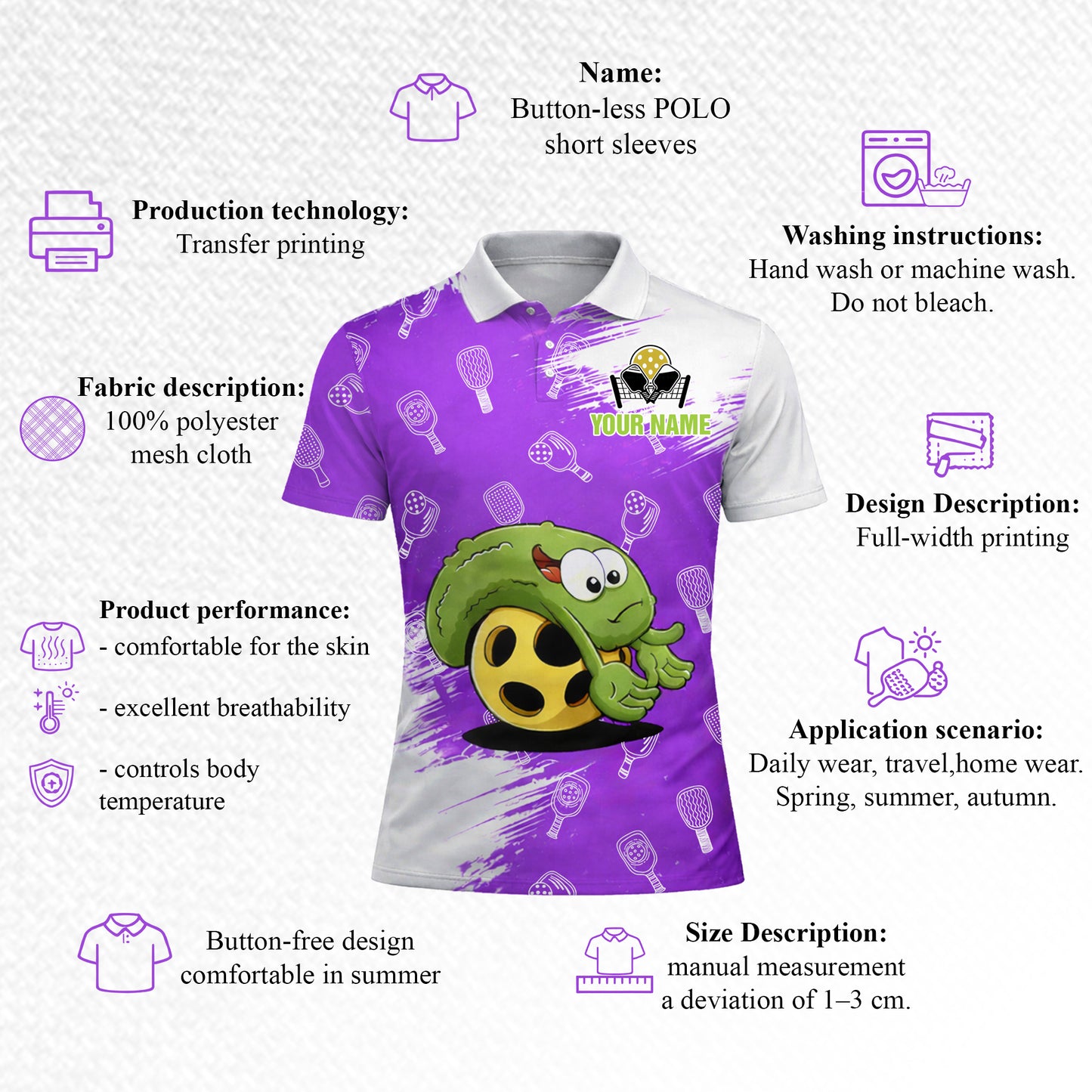 Custom Team Name Pickleball Polo Shirt for Men, Funny Turtle Purple Pickleball Paddle Pattern Personalized Jersey, Short Sleeve Athletic Sports Polo for Players and Teams