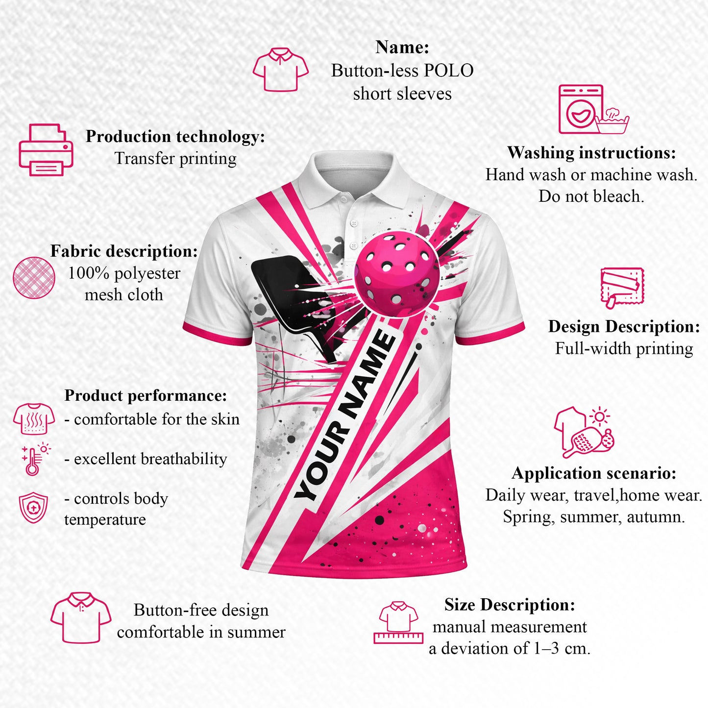 Mens Pickleball Polo Shirt Pink Splash Custom Name Team