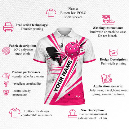 Mens Pickleball Polo Shirt Pink Splash Custom Name Team